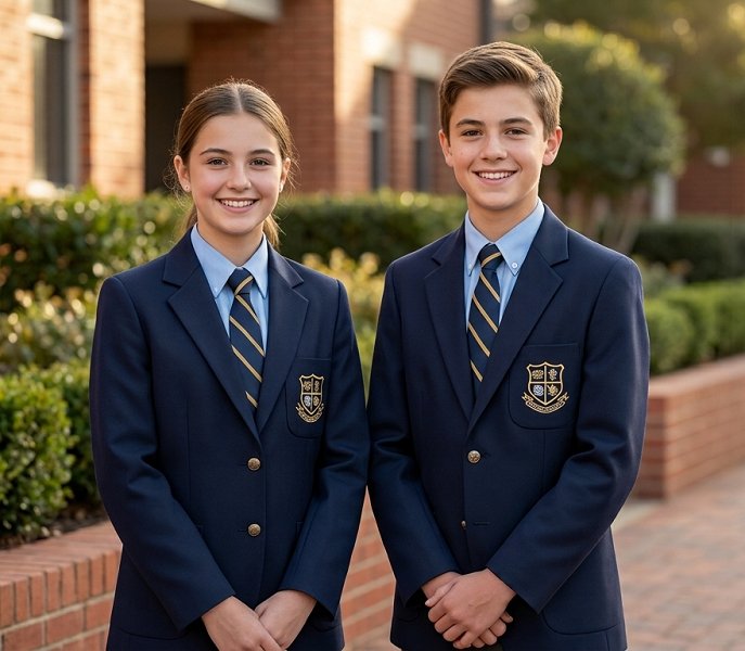 Students in formal navy blazer uniform