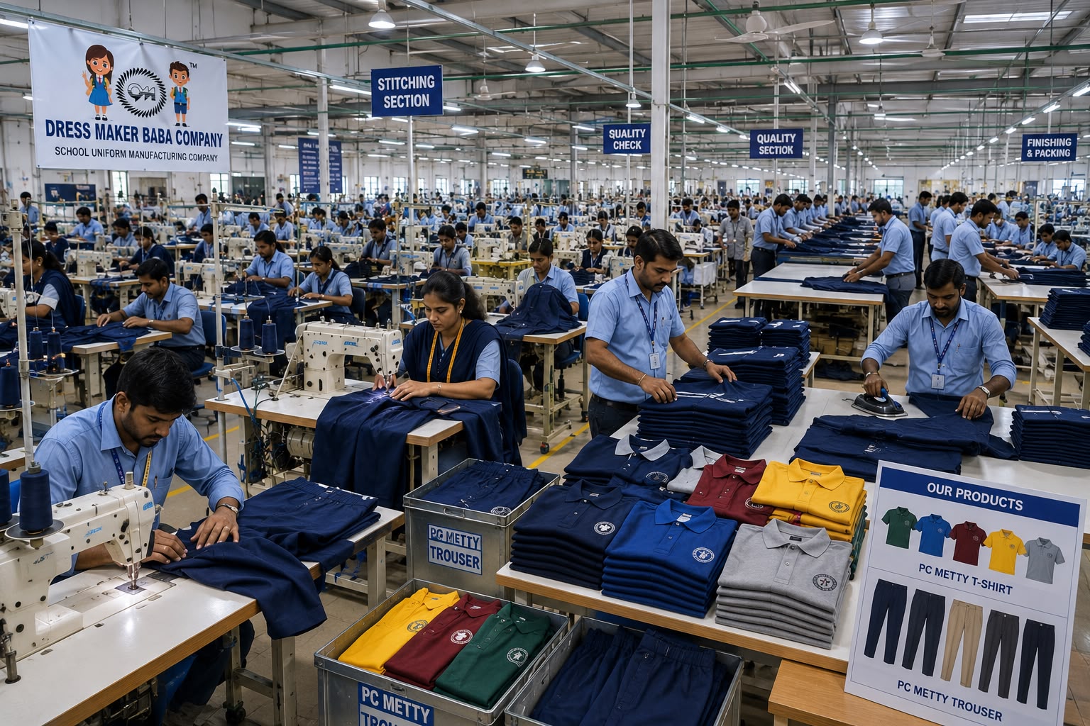 Manufacturing unit with rows of tailors