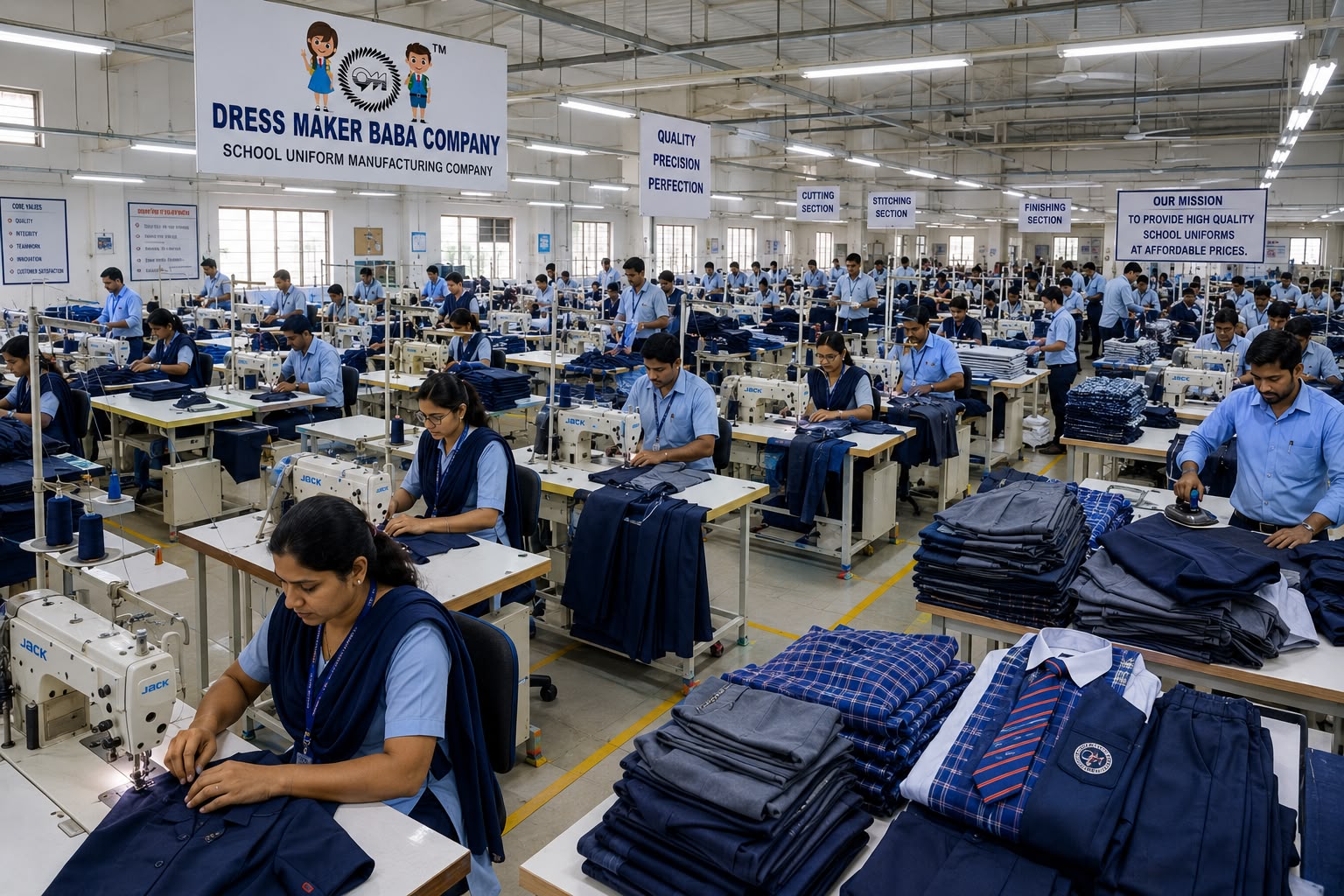 Skilled tailors stitching uniforms in our manufacturing unit