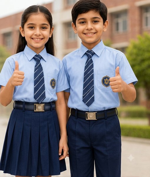 Happy students giving thumbs up in school uniform